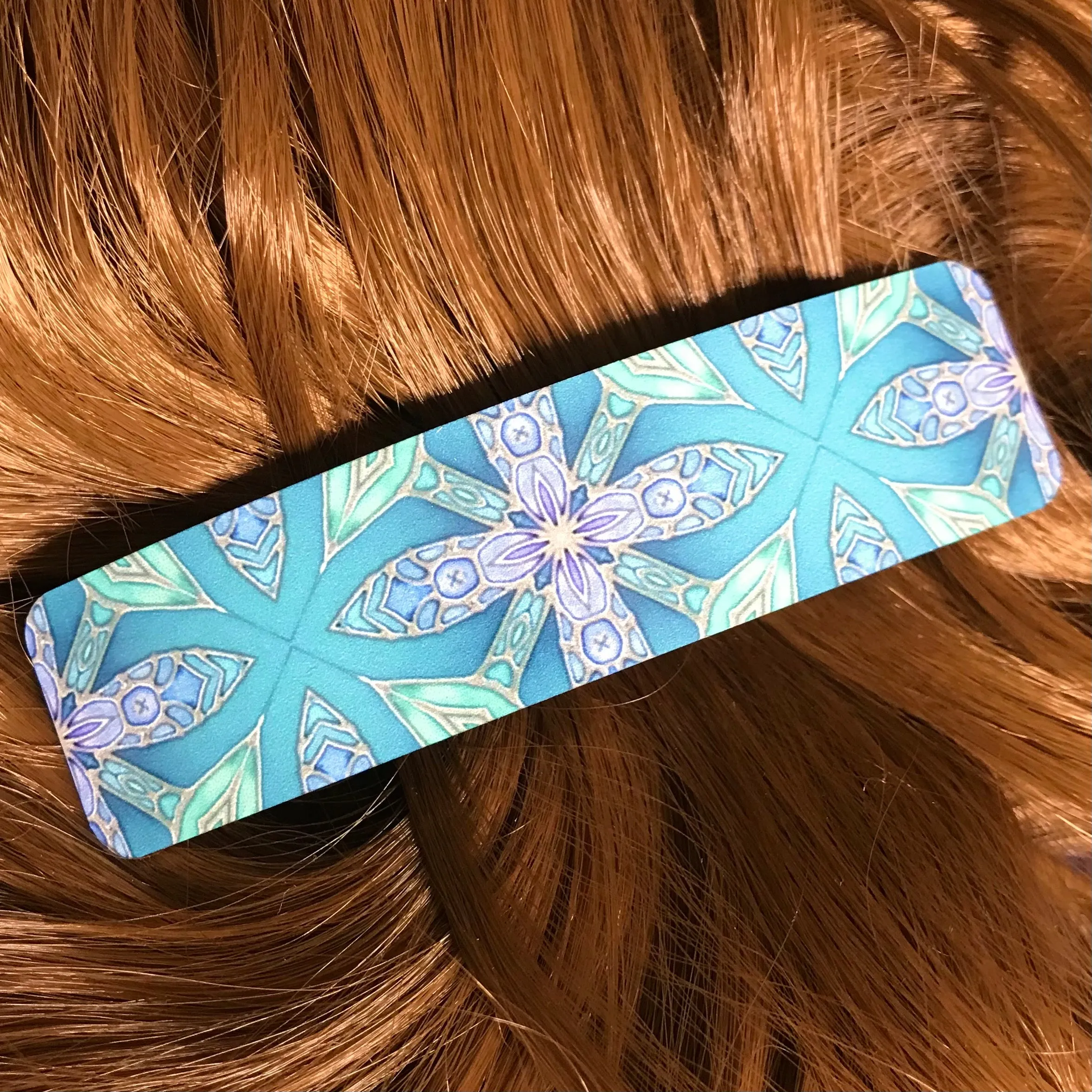 Aqua Green and Lilac Flower Hair Barrette - Arts and Crafts Style Hair Clip