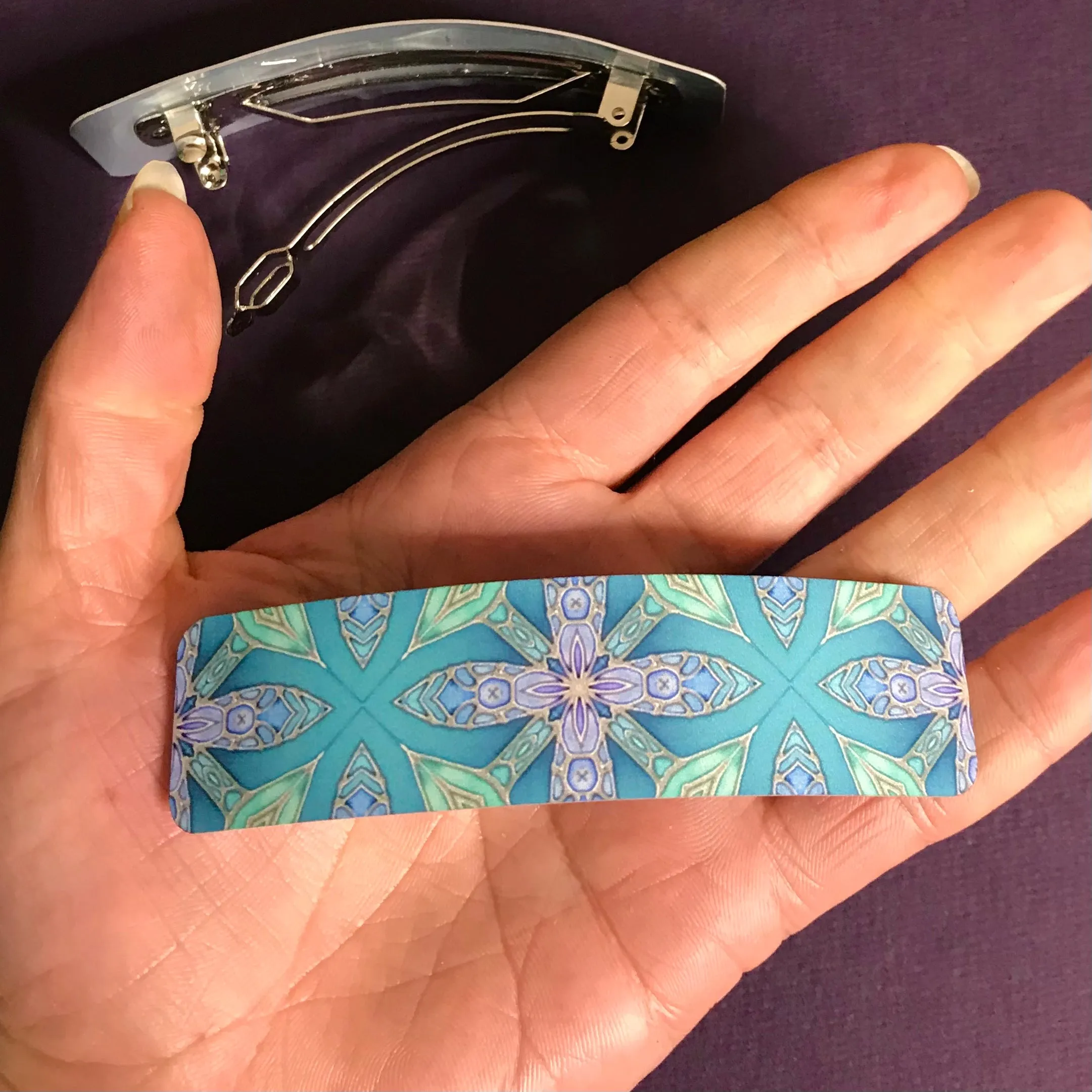 Aqua Green and Lilac Flower Hair Barrette - Arts and Crafts Style Hair Clip