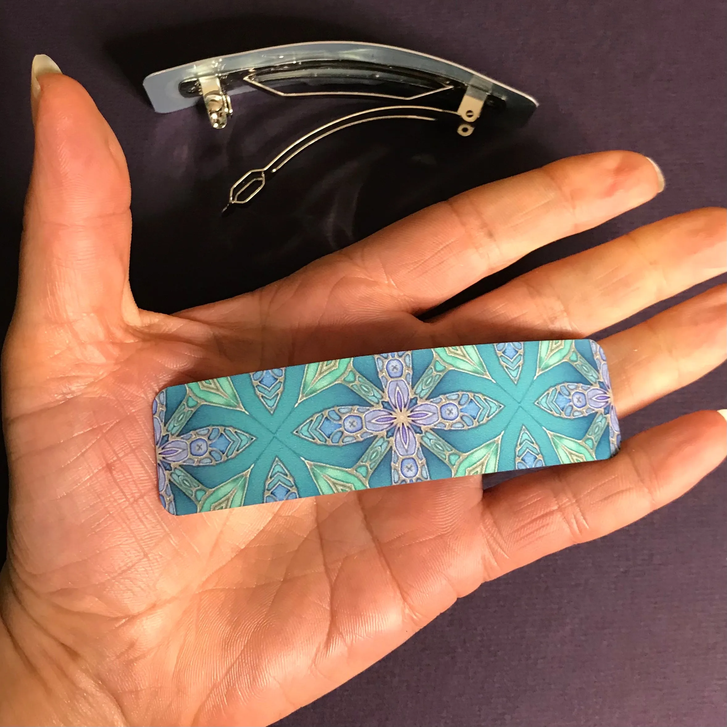 Aqua Green and Lilac Flower Hair Barrette - Arts and Crafts Style Hair Clip