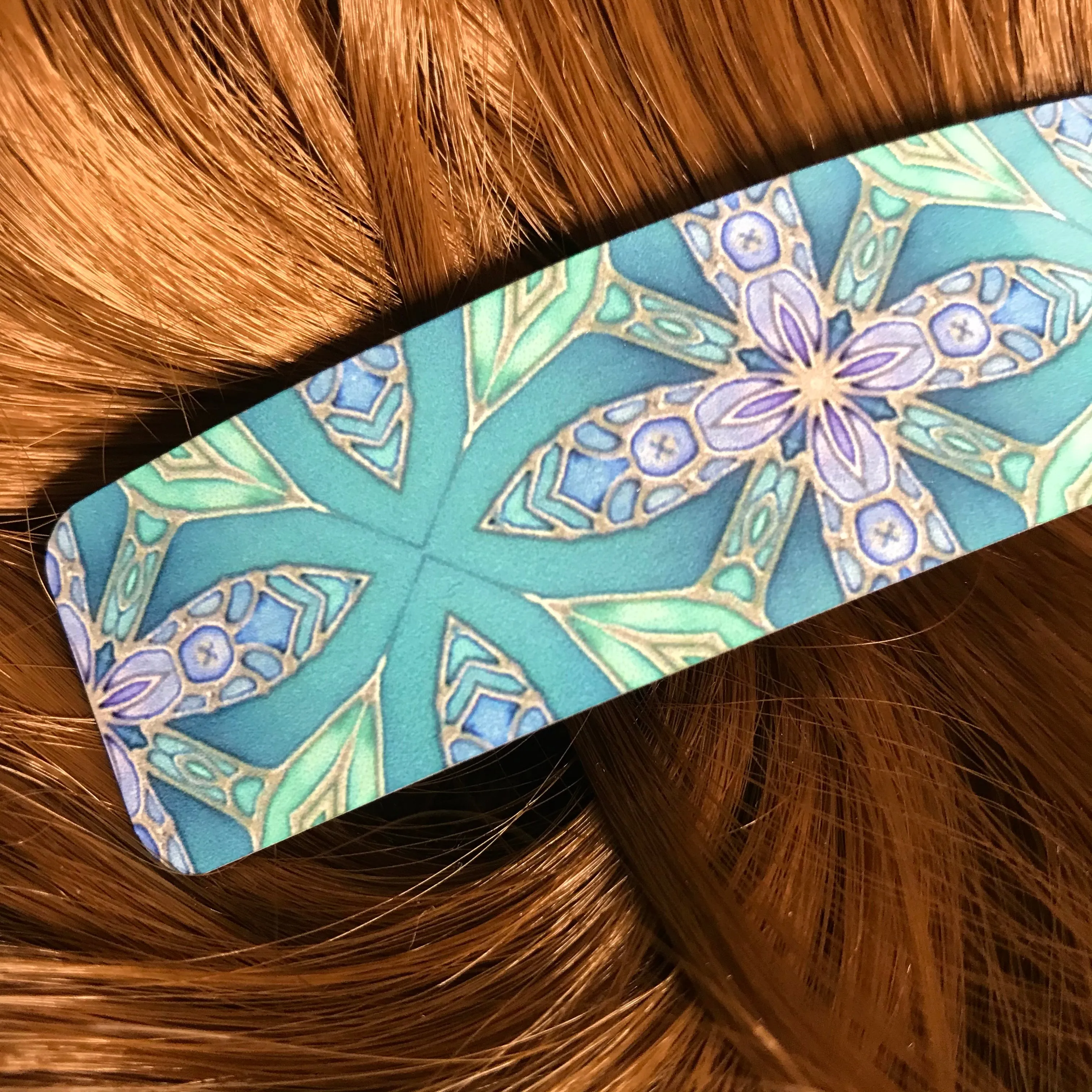 Aqua Green and Lilac Flower Hair Barrette - Arts and Crafts Style Hair Clip