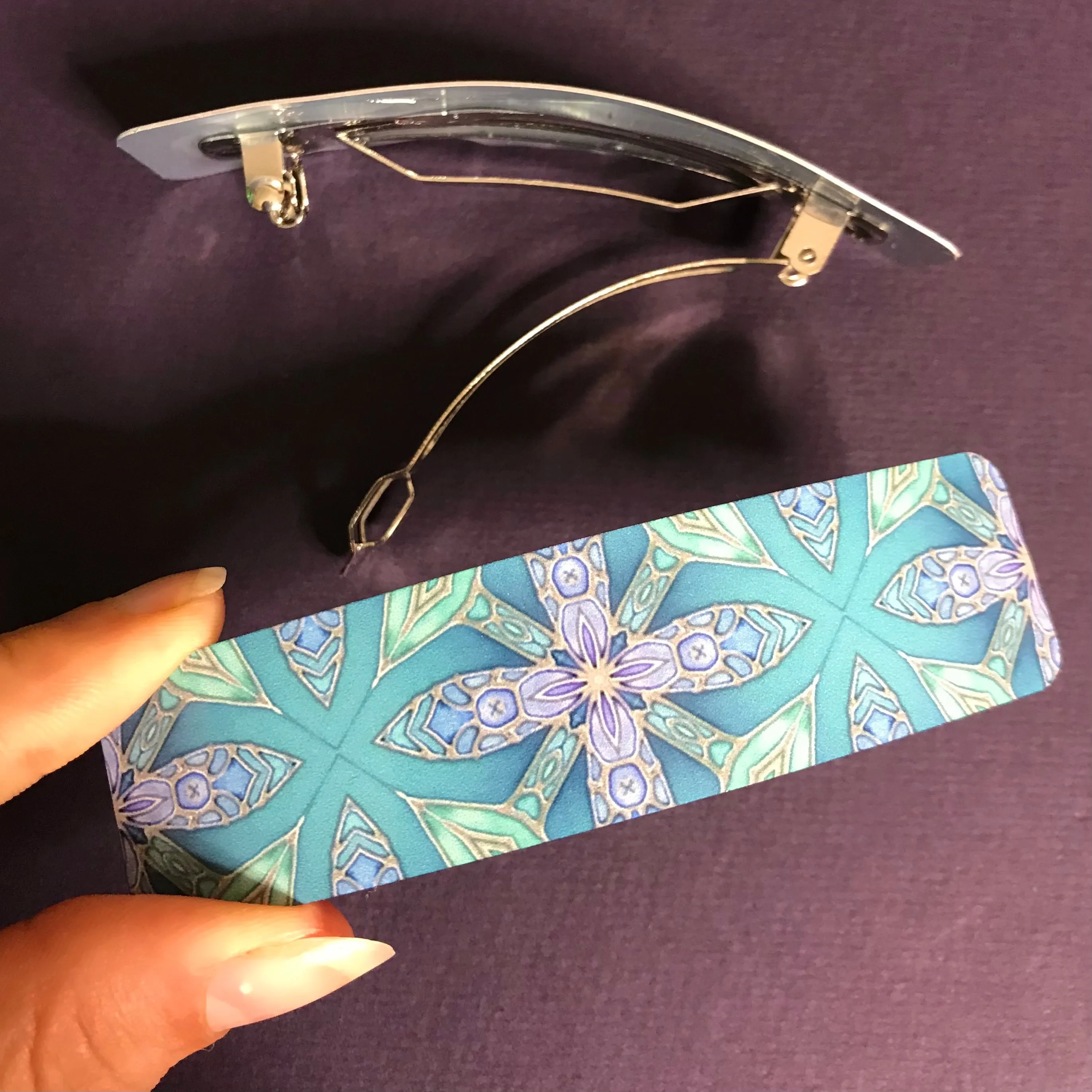 Aqua Green and Lilac Flower Hair Barrette - Arts and Crafts Style Hair Clip