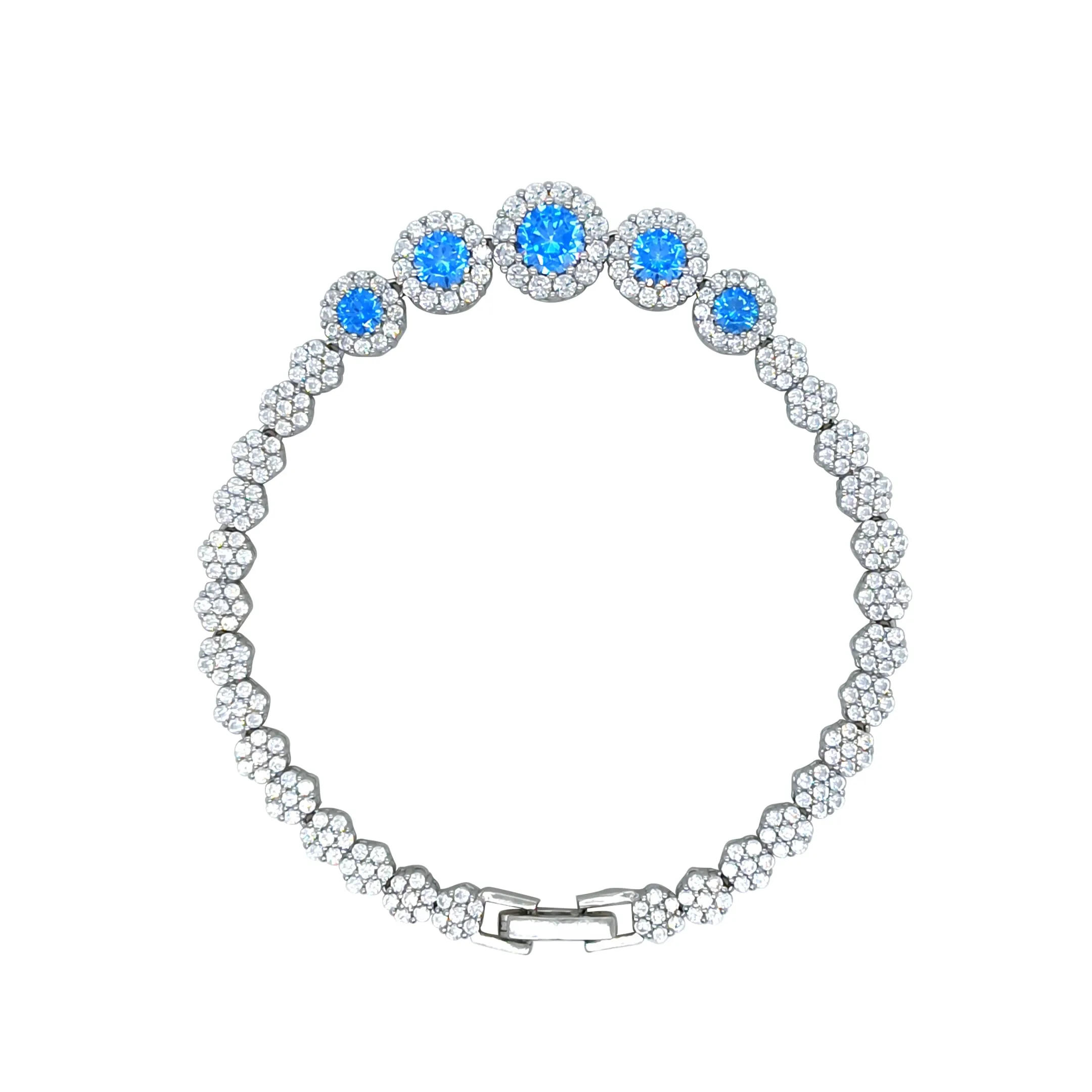 Asfour Crystal Tennis Bracelet With Aquamarine Round Zircon In 925 Sterling Silver-BM0061-WM