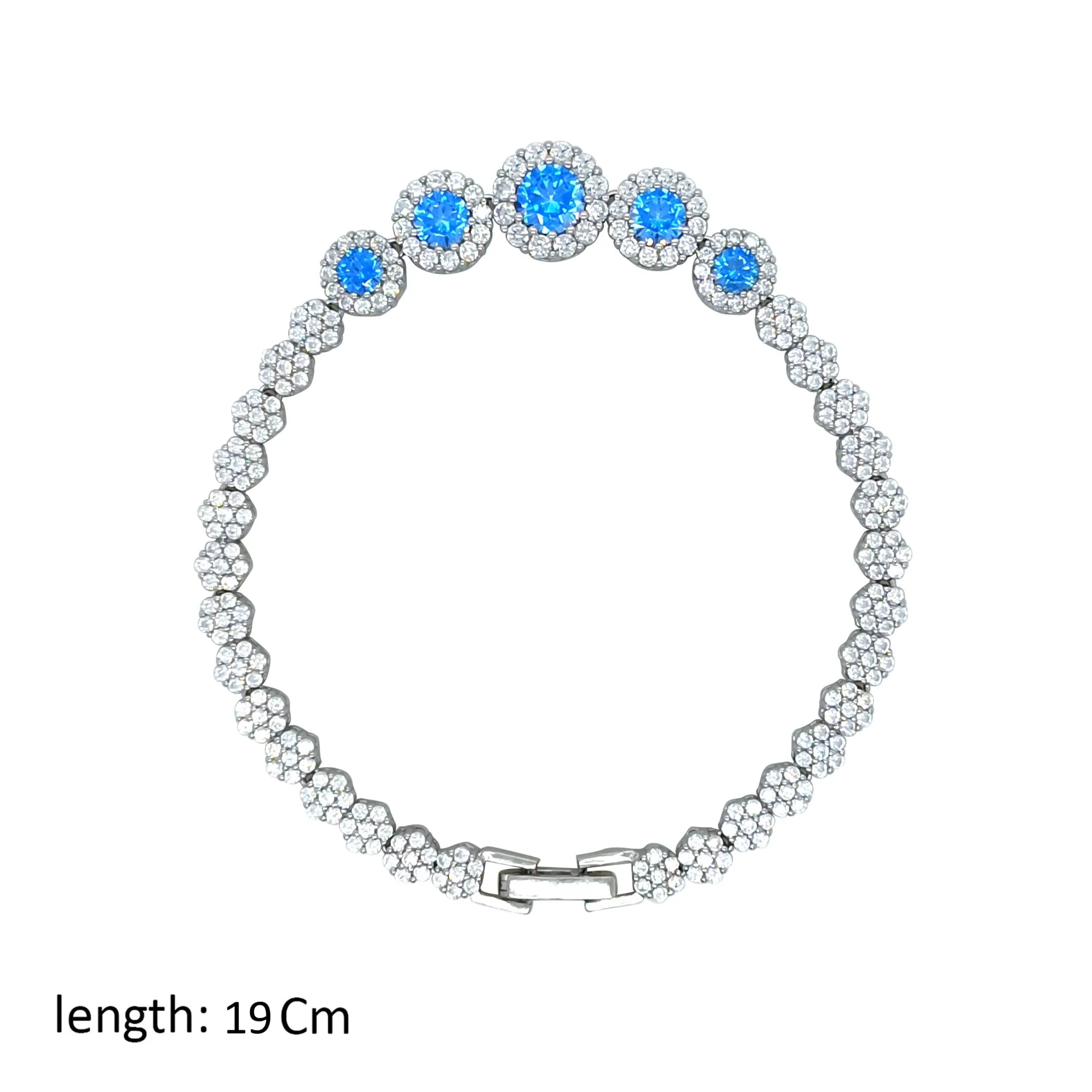 Asfour Crystal Tennis Bracelet With Aquamarine Round Zircon In 925 Sterling Silver-BM0061-WM
