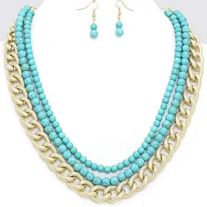 Blue Gold Tired Howlite Beaded Chain Necklace with Matching Earrings