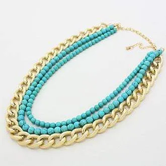 Blue Gold Tired Howlite Beaded Chain Necklace with Matching Earrings