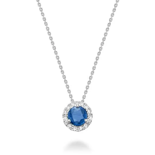 Blue Sapphire & Diamond Halo Necklace