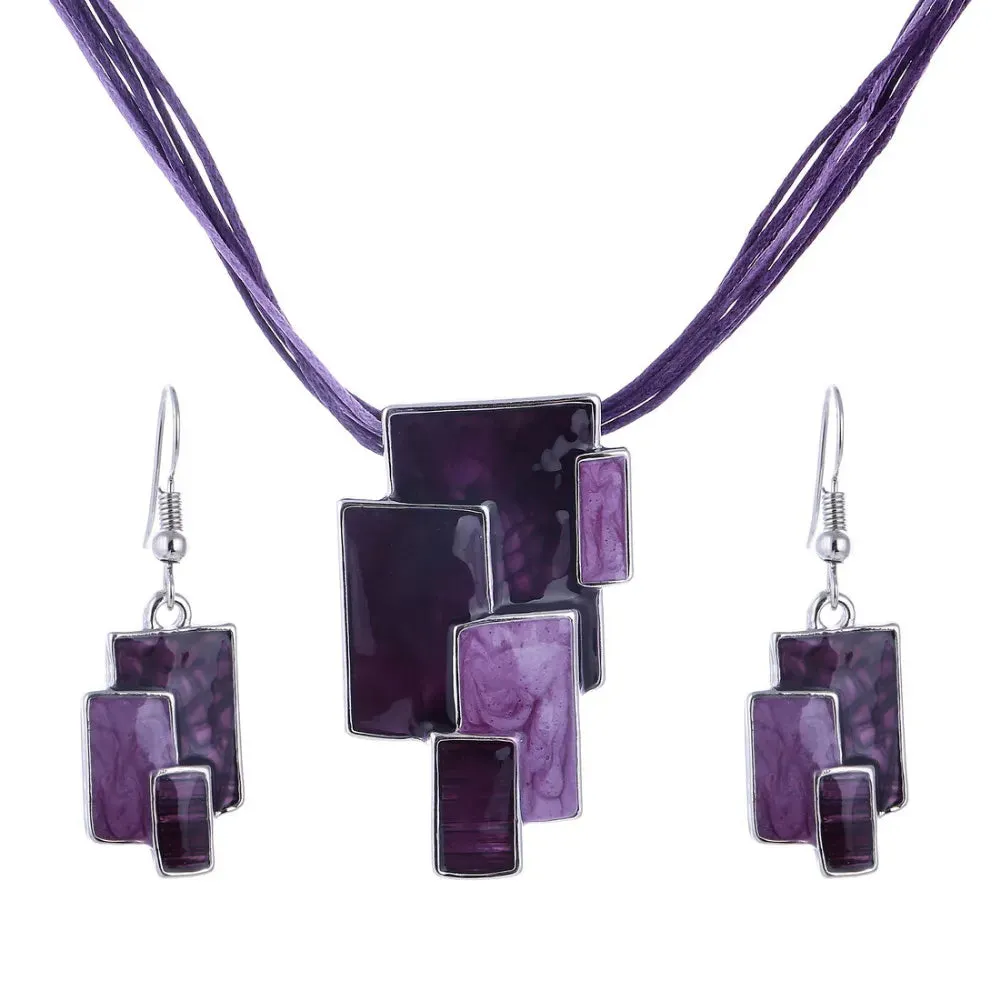 Bohemian Enamel Jewelry Sets For Women Silver Plated Geometric Big Gem Pendant Necklace And Earrings Set Wholesle Jewelry Set