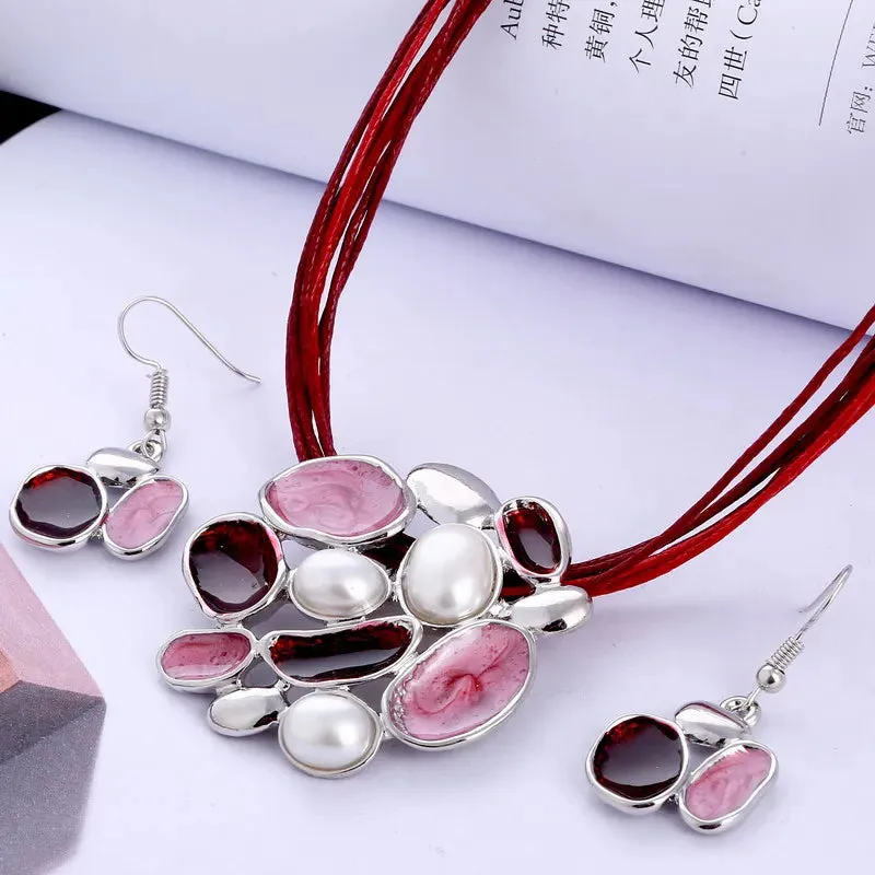 Bohemian Enamel Jewelry Sets For Women Silver Plated Geometric Big Gem Pendant Necklace And Earrings Set Wholesle Jewelry Set