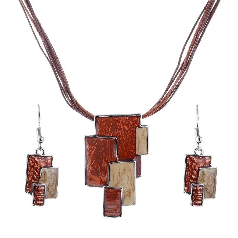 Bohemian Enamel Jewelry Sets For Women Silver Plated Geometric Big Gem Pendant Necklace And Earrings Set Wholesle Jewelry Set