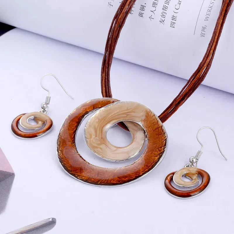 Bohemian Enamel Jewelry Sets For Women Silver Plated Geometric Big Gem Pendant Necklace And Earrings Set Wholesle Jewelry Set