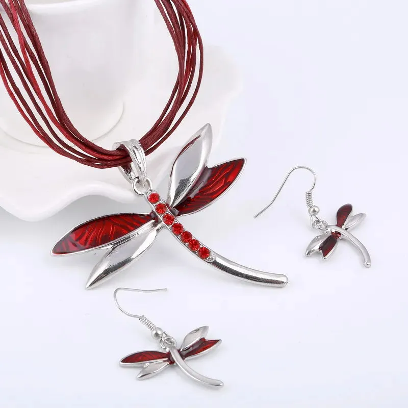 Bohemian Enamel Jewelry Sets For Women Silver Plated Geometric Big Gem Pendant Necklace And Earrings Set Wholesle Jewelry Set