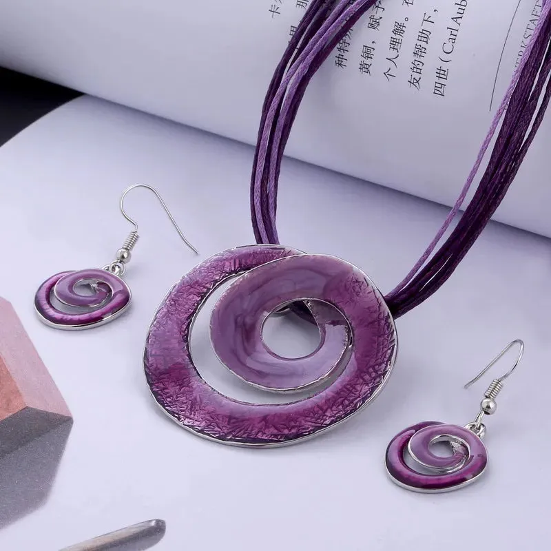 Bohemian Enamel Jewelry Sets For Women Silver Plated Geometric Big Gem Pendant Necklace And Earrings Set Wholesle Jewelry Set