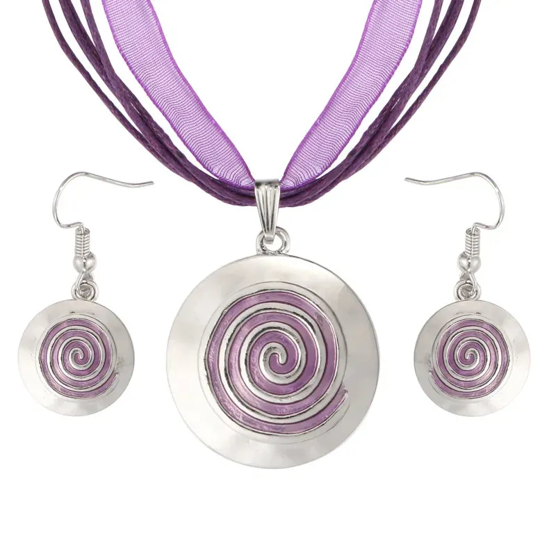 Bohemian Enamel Jewelry Sets For Women Silver Plated Geometric Big Gem Pendant Necklace And Earrings Set Wholesle Jewelry Set
