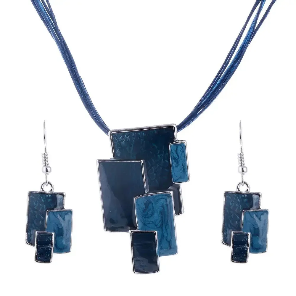 Bohemian Enamel Jewelry Sets For Women Silver Plated Geometric Big Gem Pendant Necklace And Earrings Set Wholesle Jewelry Set