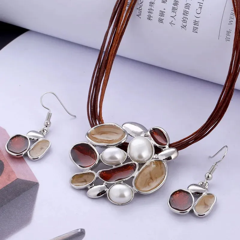 Bohemian Enamel Jewelry Sets For Women Silver Plated Geometric Big Gem Pendant Necklace And Earrings Set Wholesle Jewelry Set