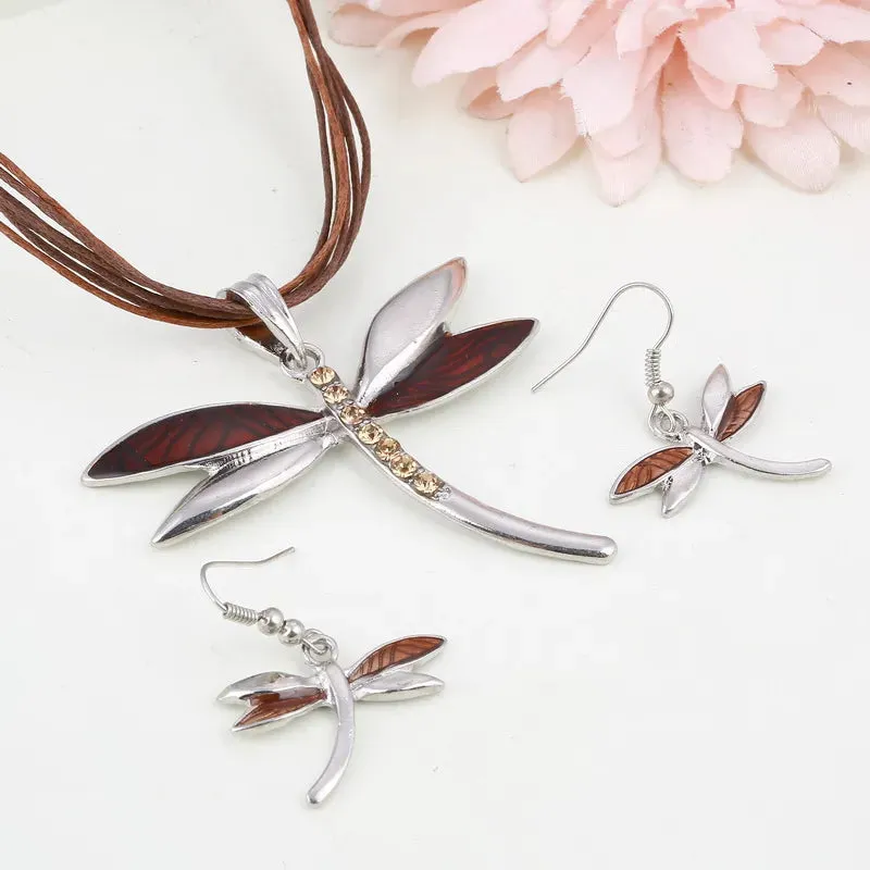 Bohemian Enamel Jewelry Sets For Women Silver Plated Geometric Big Gem Pendant Necklace And Earrings Set Wholesle Jewelry Set