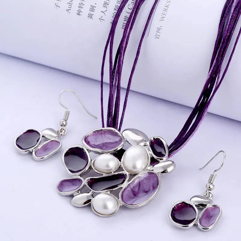 Bohemian Enamel Jewelry Sets For Women Silver Plated Geometric Big Gem Pendant Necklace And Earrings Set Wholesle Jewelry Set