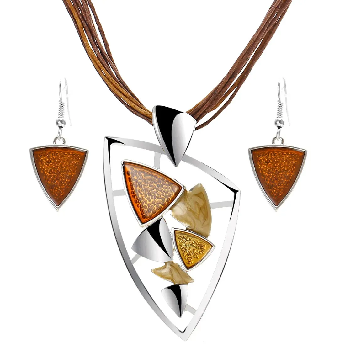 Bohemian Enamel Jewelry Sets For Women Silver Plated Geometric Big Gem Pendant Necklace And Earrings Set Wholesle Jewelry Set