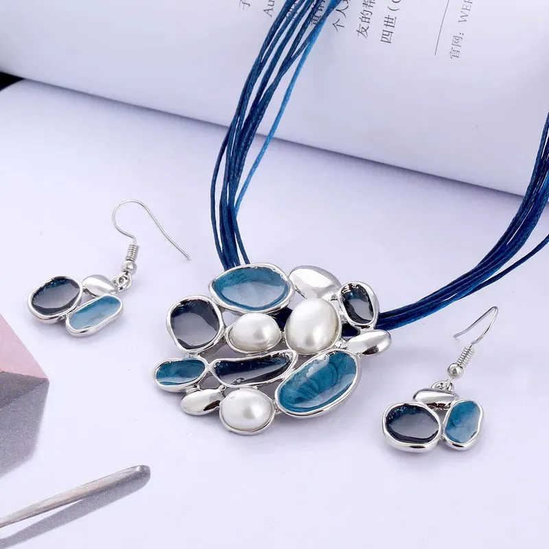 Bohemian Enamel Jewelry Sets For Women Silver Plated Geometric Big Gem Pendant Necklace And Earrings Set Wholesle Jewelry Set