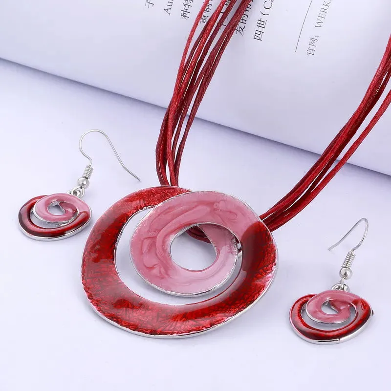 Bohemian Enamel Jewelry Sets For Women Silver Plated Geometric Big Gem Pendant Necklace And Earrings Set Wholesle Jewelry Set