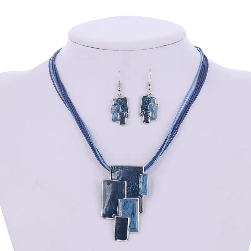Bohemian Enamel Jewelry Sets For Women Silver Plated Geometric Big Gem Pendant Necklace And Earrings Set Wholesle Jewelry Set