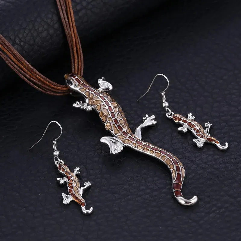 Bohemian Enamel Jewelry Sets For Women Silver Plated Geometric Big Gem Pendant Necklace And Earrings Set Wholesle Jewelry Set