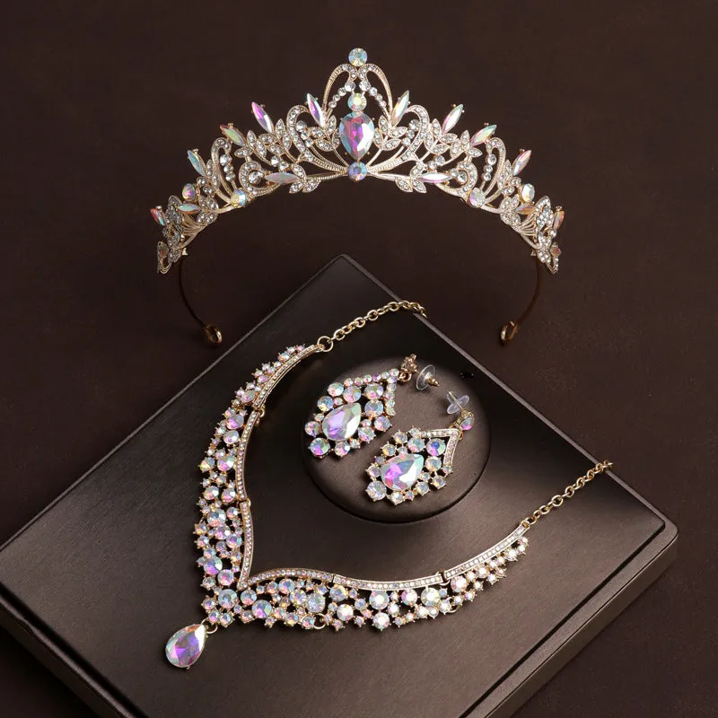 Bridal crown tiara, colorful and atmospheric wedding jewelry three-piece set for 18-year-old female coming-of-age ceremony, birthday gift crown