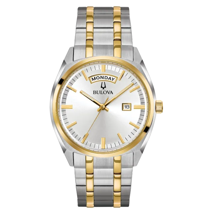Bulova Surveyor Watch Two-Tone Silver Dial Quartz Day-Date 39mm