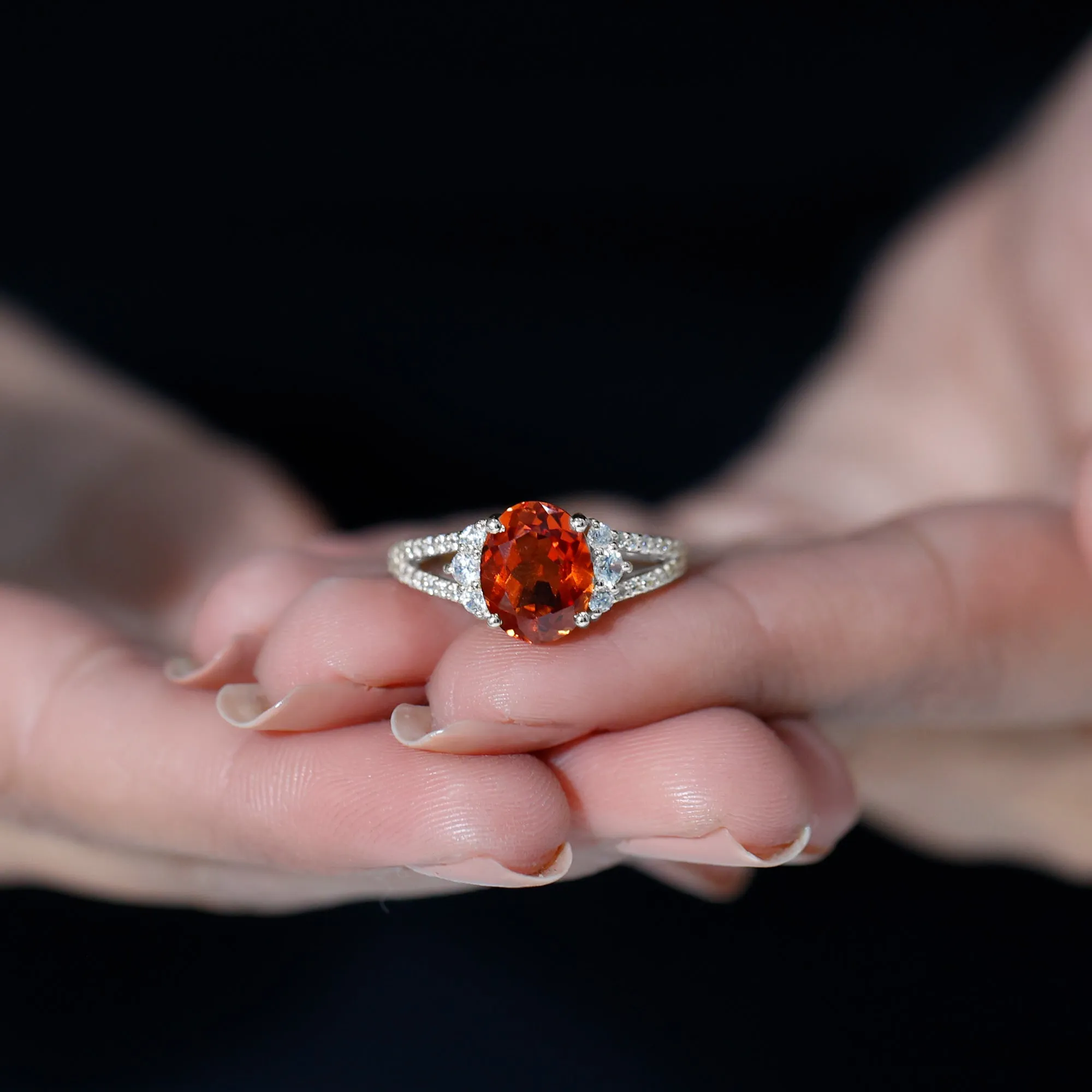 Classic Lab Created Orange Sapphire Oval Engagement Ring With Moissanite