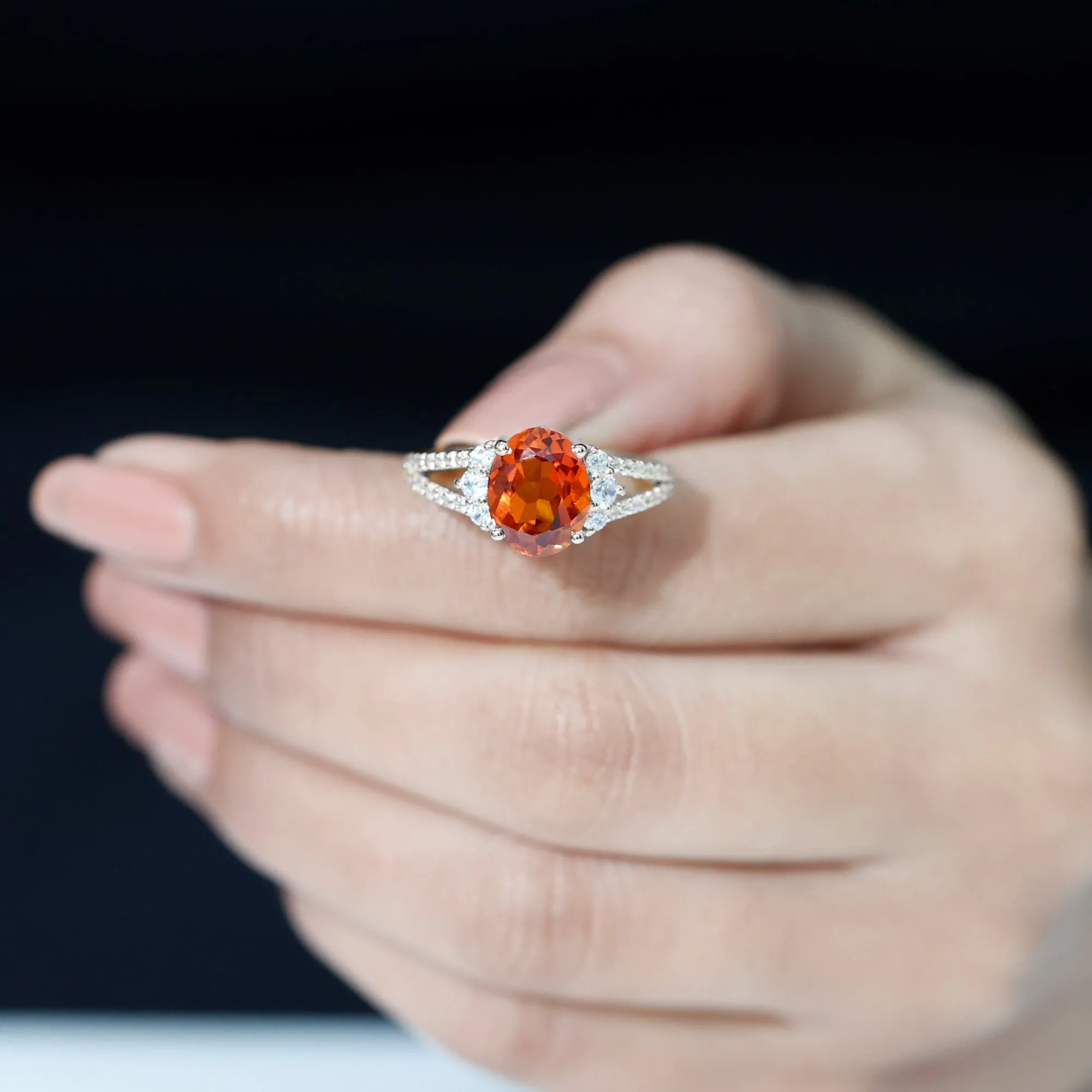 Classic Lab Created Orange Sapphire Oval Engagement Ring With Moissanite