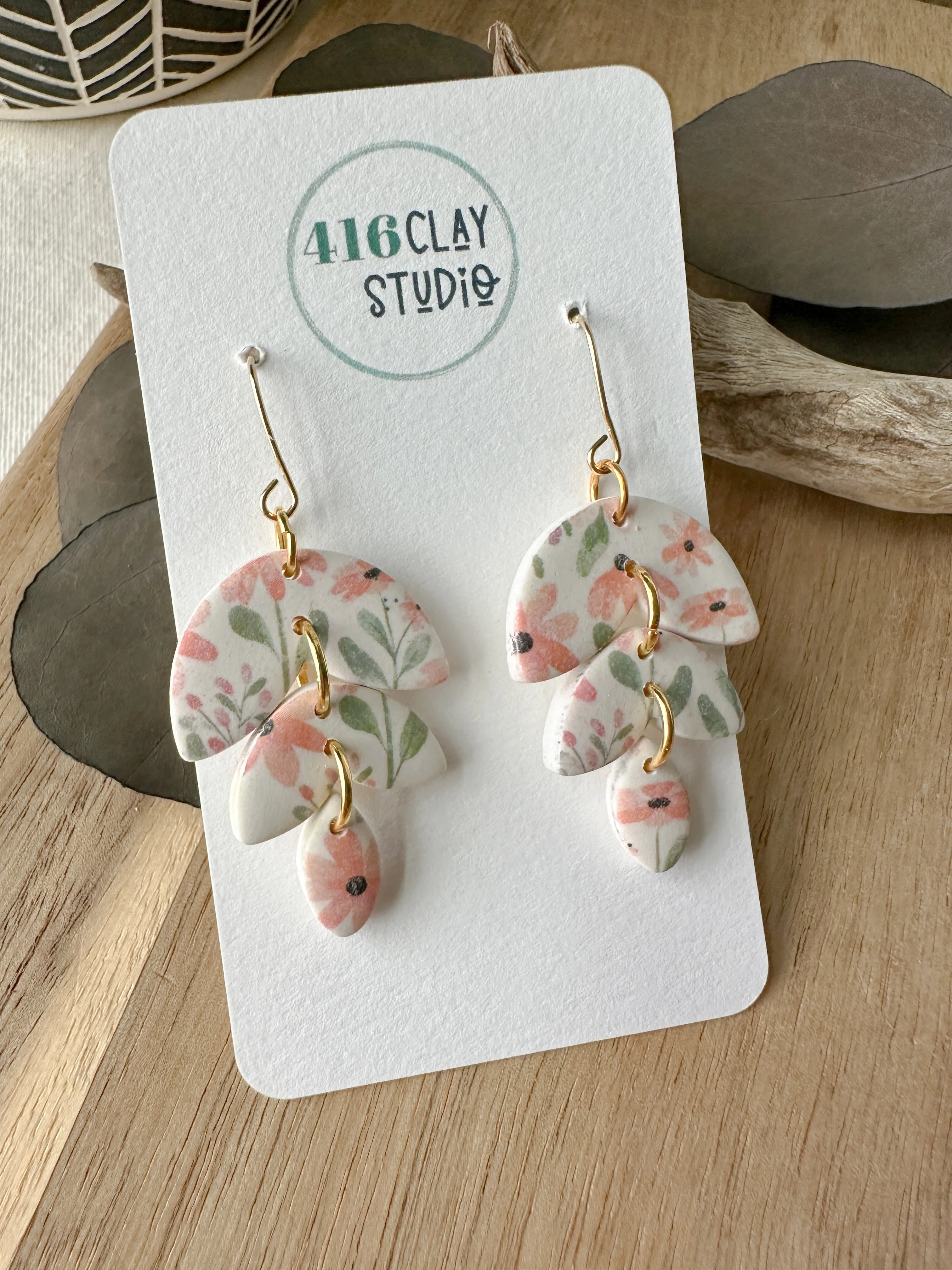 Coral Flower Garden Leafy Dangle Earrings