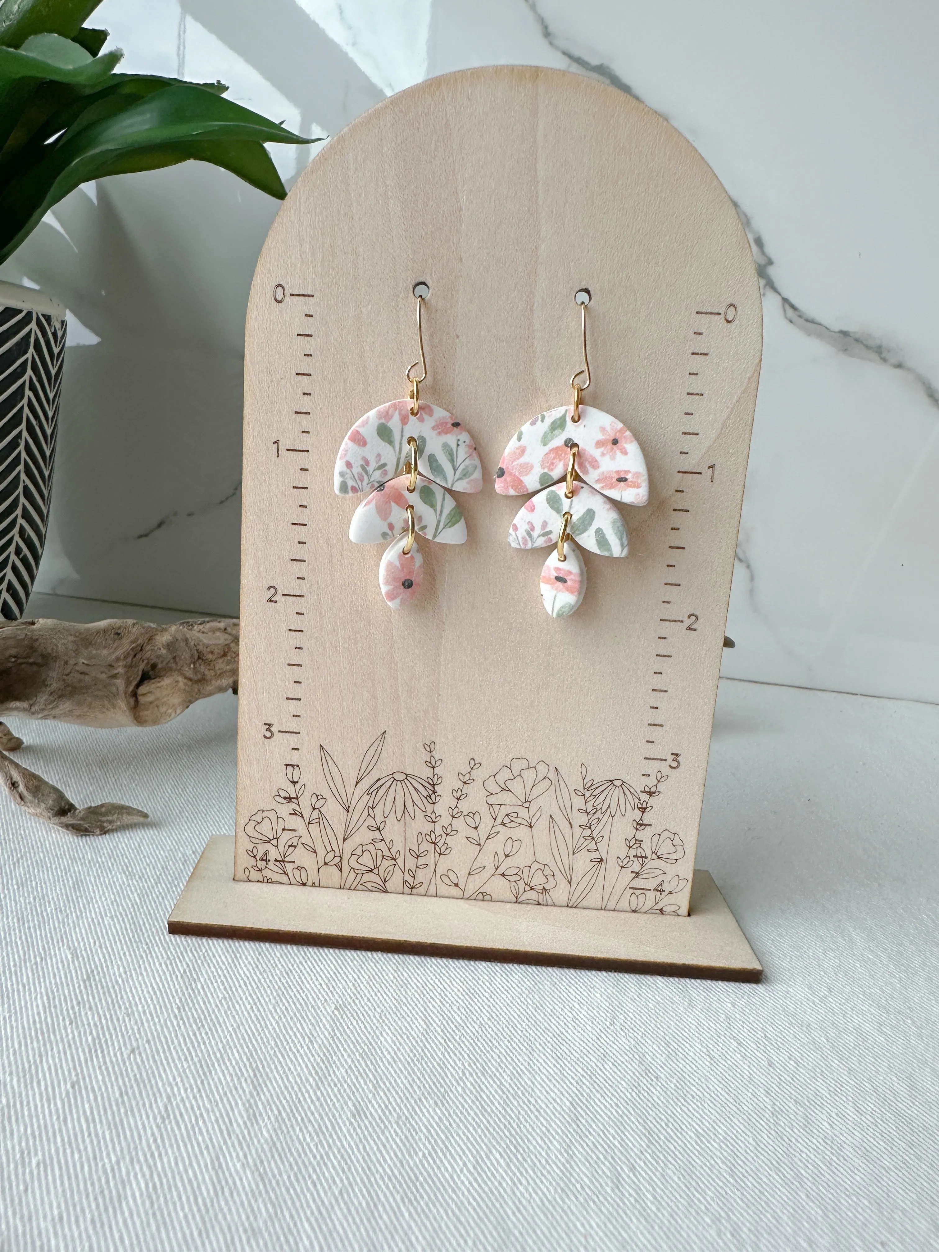 Coral Flower Garden Leafy Dangle Earrings