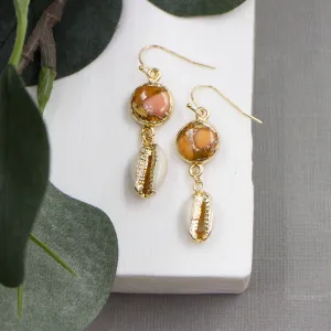 Cowrie shell and red coral earrings