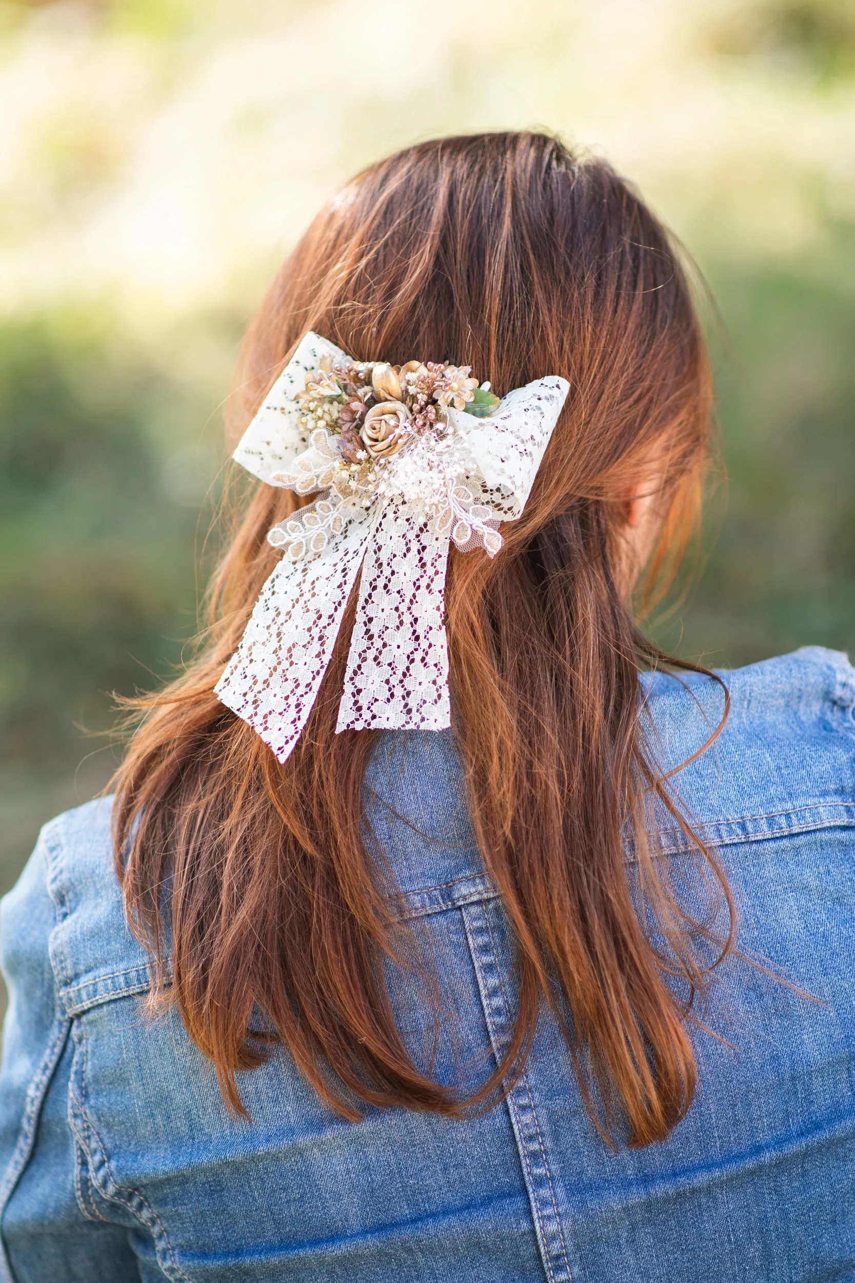 Cream flower hair bow Lace bridal barrette clip Wedding 2021 Vintage hair bow for bride Beige Ponytail hair clip Customisable Ivory Magaela