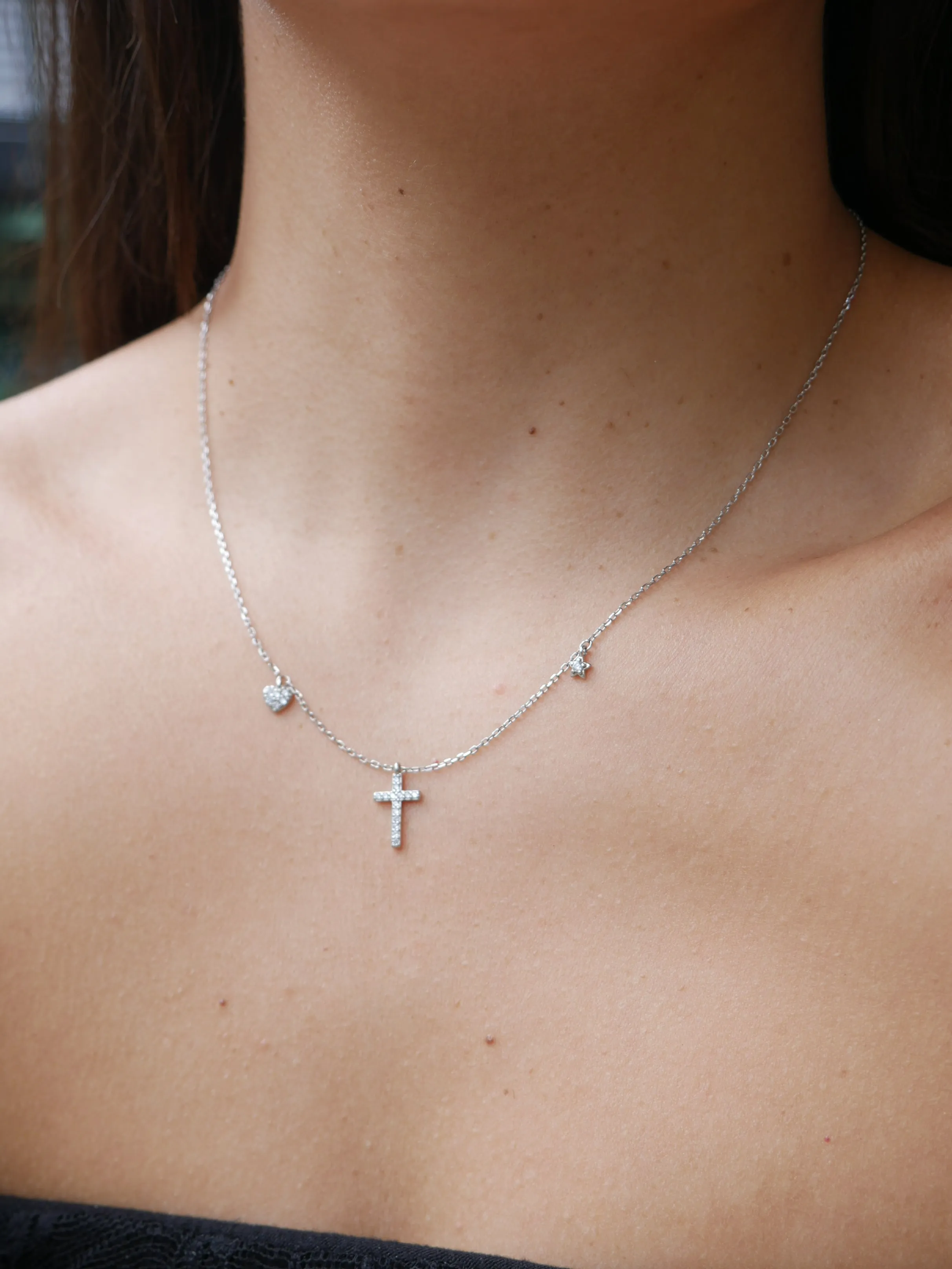 Cross Necklace with Star and Heart Charm Sterling Silver Hypoallergenic Luxury Dainty Jewelry KESLEY