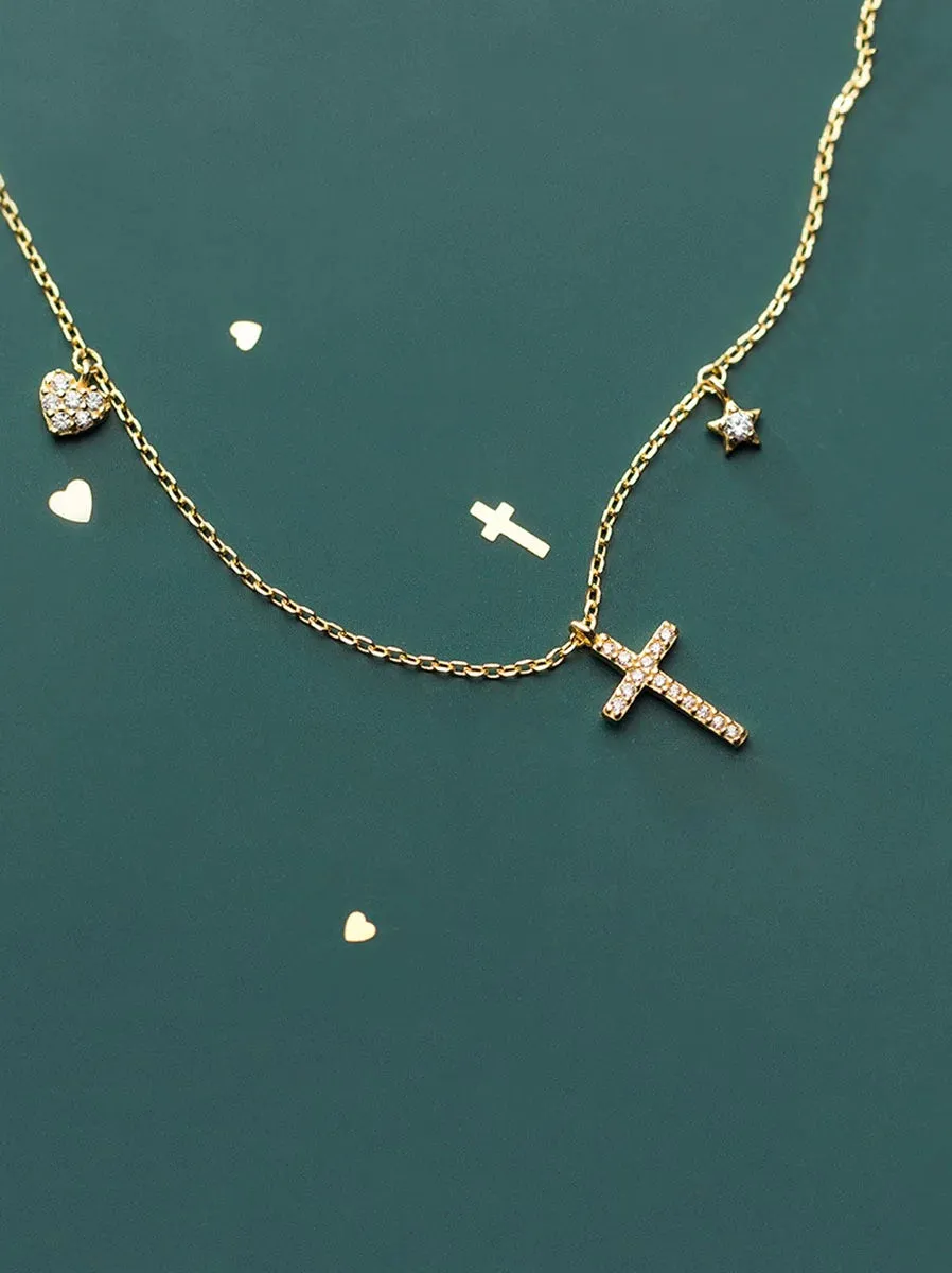 Cross Necklace with Star and Heart Charm Sterling Silver Hypoallergenic Luxury Dainty Jewelry KESLEY
