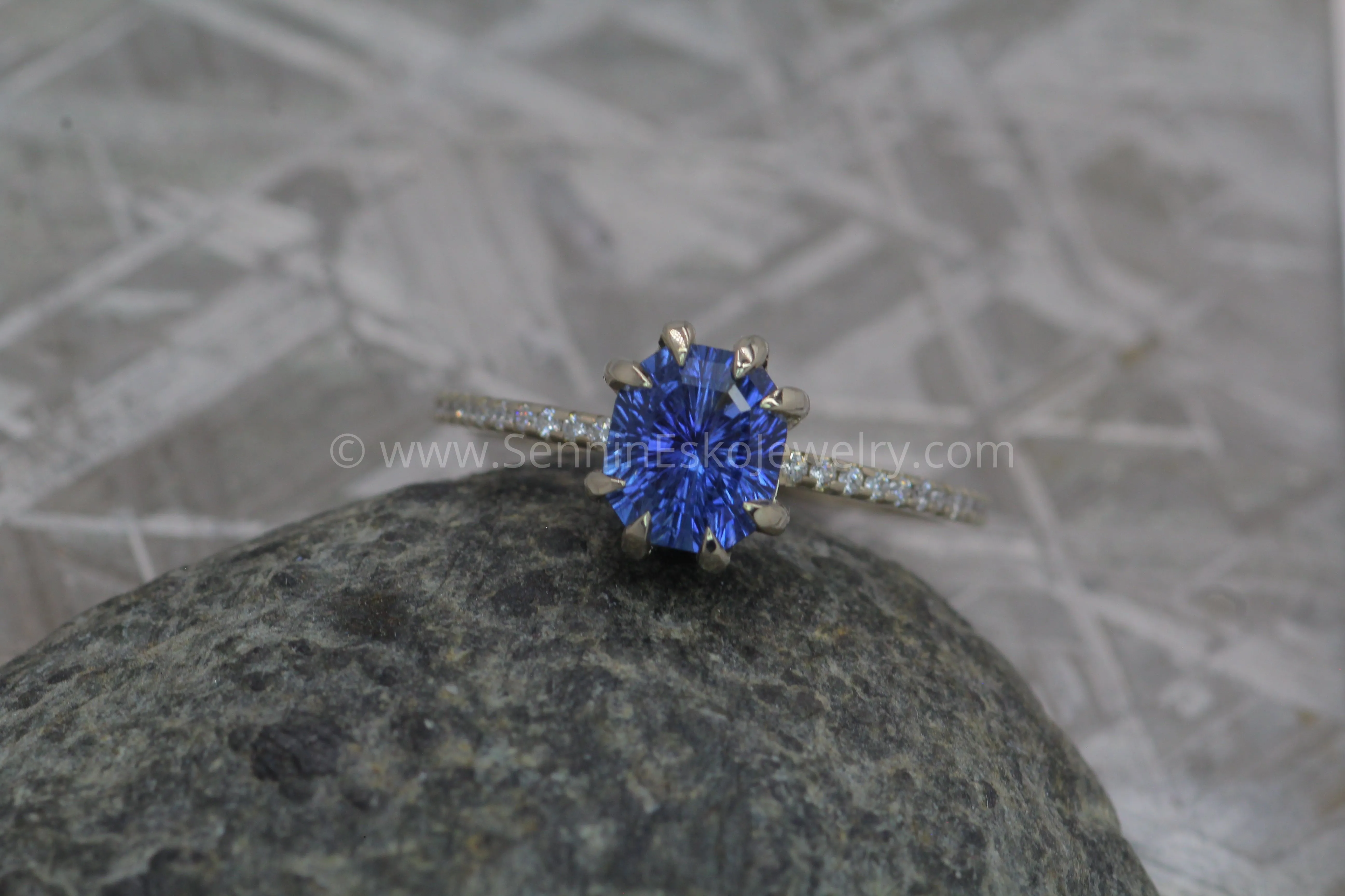 Diamond Accented Claw Ring Setting - Depicted with a Fantasy cut 1.5 carat Umba Sapphire (Setting Only, Center Stone Sold Separately)