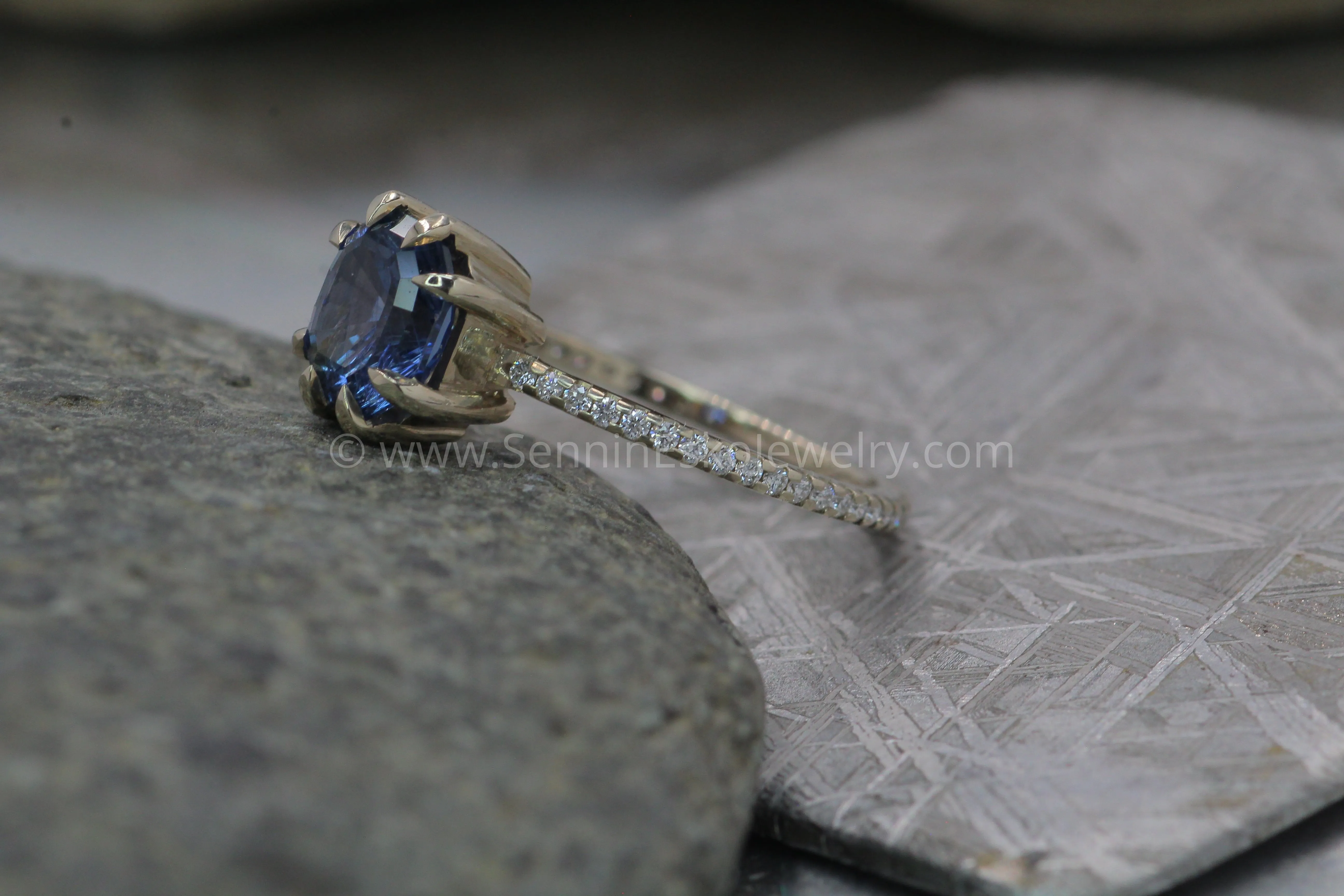 Diamond Accented Claw Ring Setting - Depicted with a Fantasy cut 1.5 carat Umba Sapphire (Setting Only, Center Stone Sold Separately)