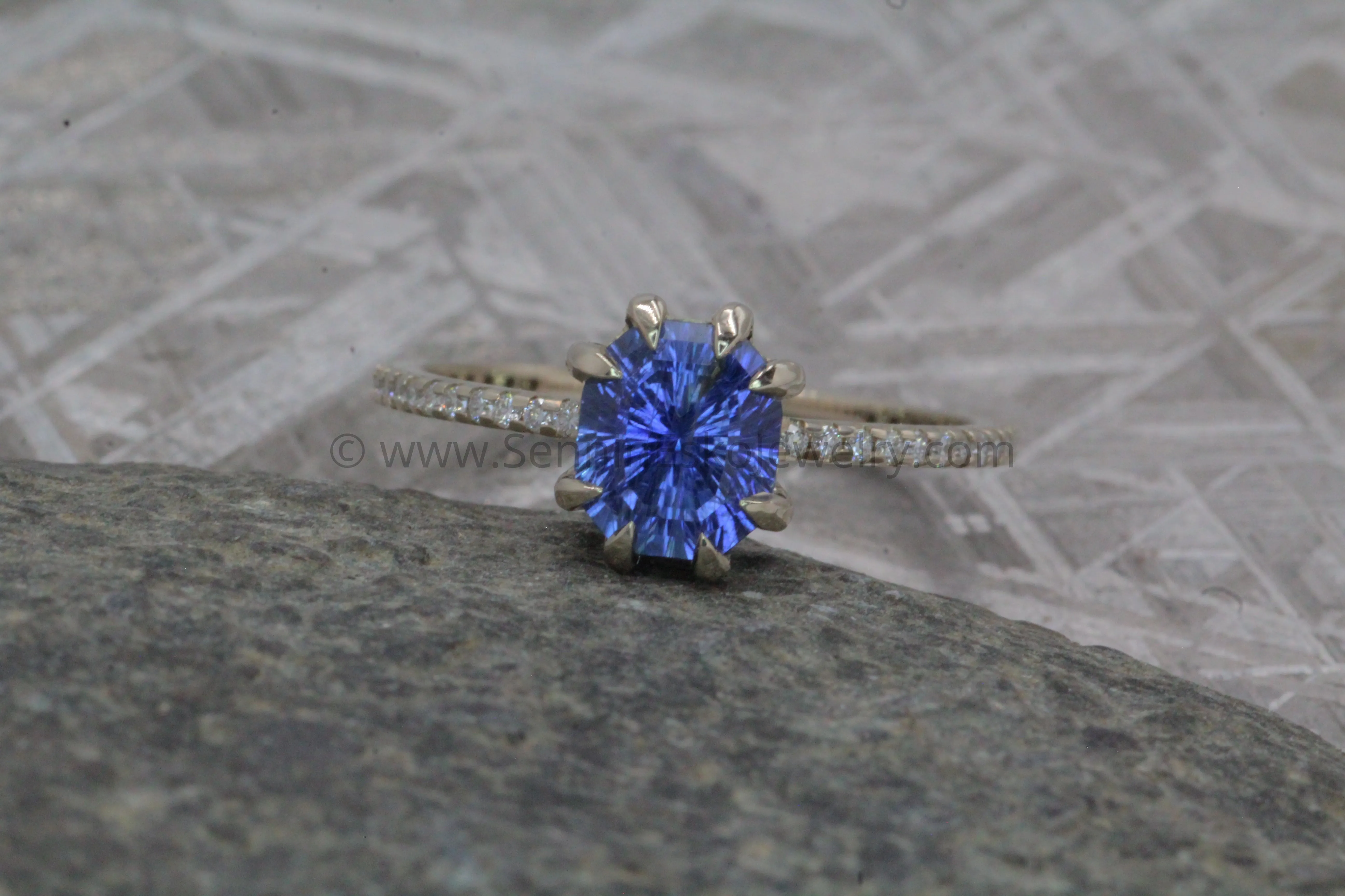 Diamond Accented Claw Ring Setting - Depicted with a Fantasy cut 1.5 carat Umba Sapphire (Setting Only, Center Stone Sold Separately)