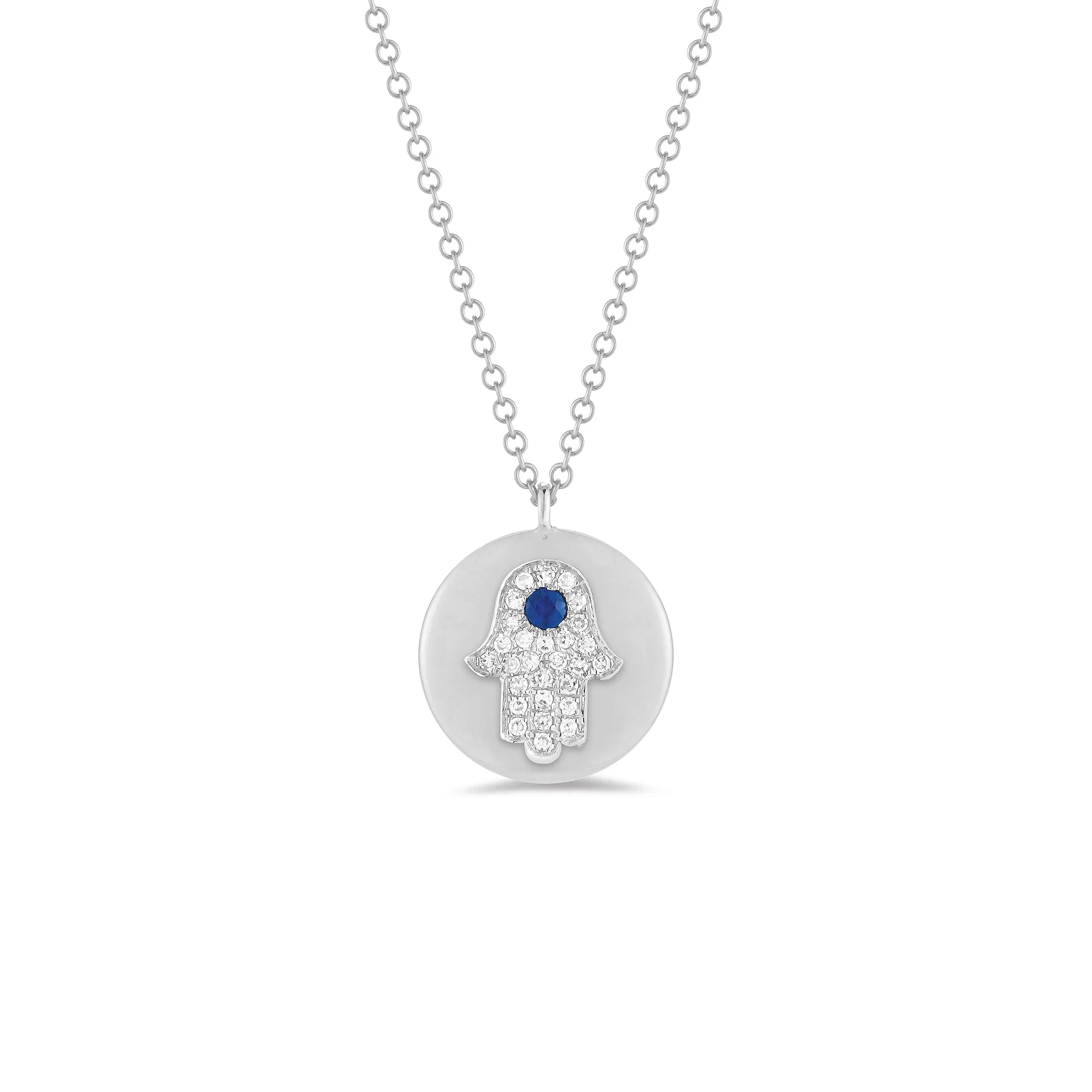 Diamond & Sapphire Hamsa Disc Pendant Necklace