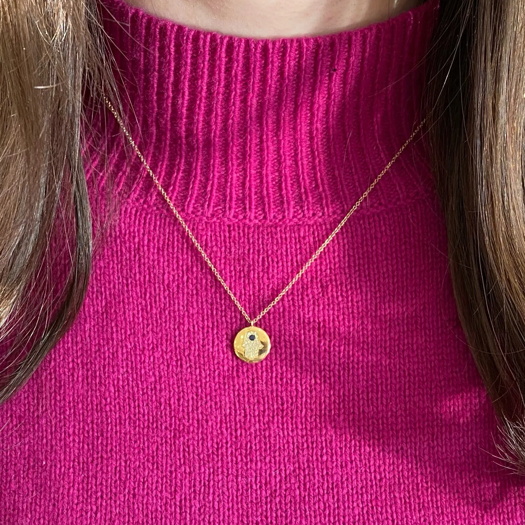 Diamond & Sapphire Hamsa Disc Pendant Necklace