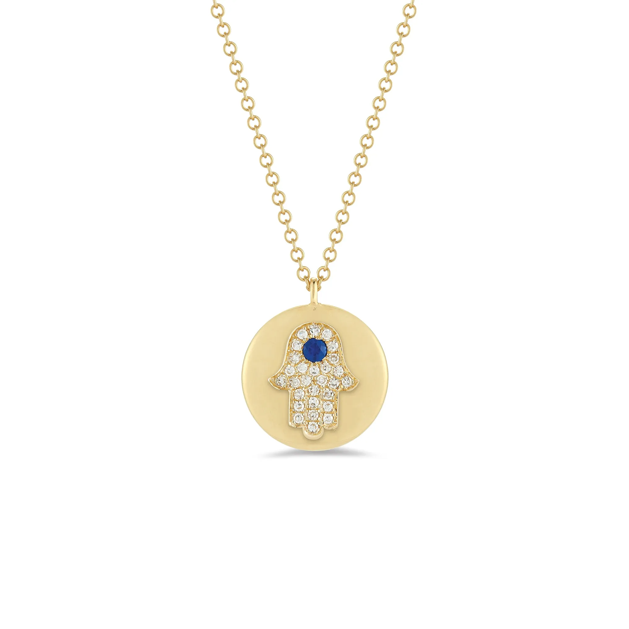 Diamond & Sapphire Hamsa Disc Pendant Necklace