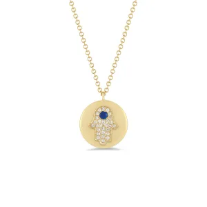Diamond & Sapphire Hamsa Disc Pendant Necklace