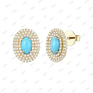 Diamond & Turquoise Oval Cut Studs 10.4x8.4mm