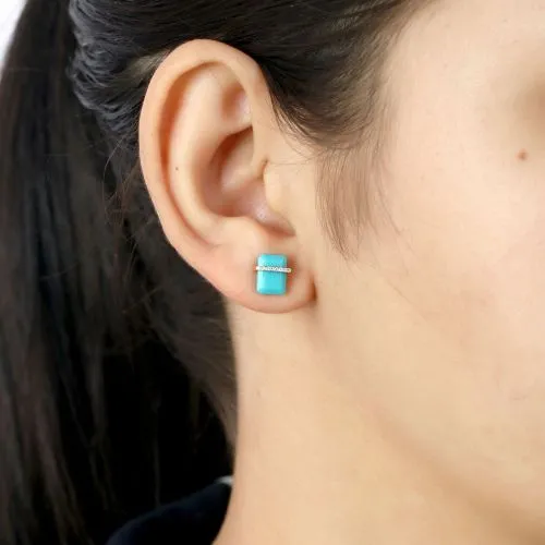 Diamond & Turquoise Stone Stud Earrings 6x8mm