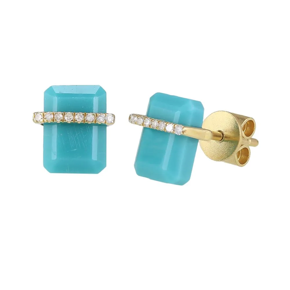 Diamond & Turquoise Stone Stud Earrings 6x8mm