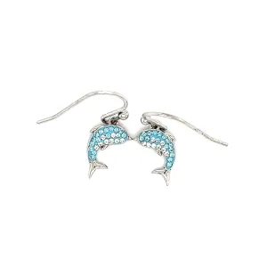 Dolphin Dangle Earrings with Aqua and White Crystals in Sterling Silver