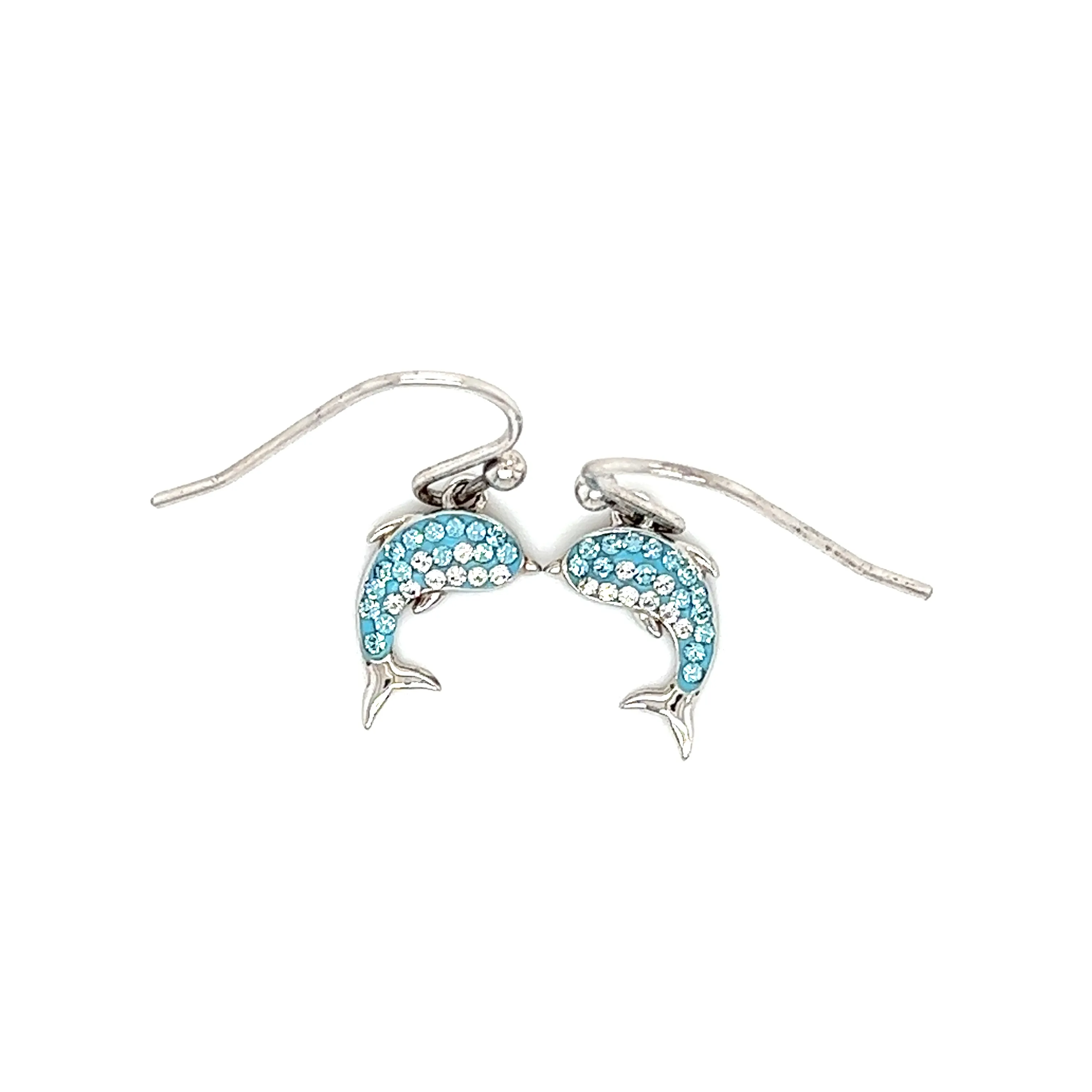 Dolphin Dangle Earrings with Aqua and White Crystals in Sterling Silver