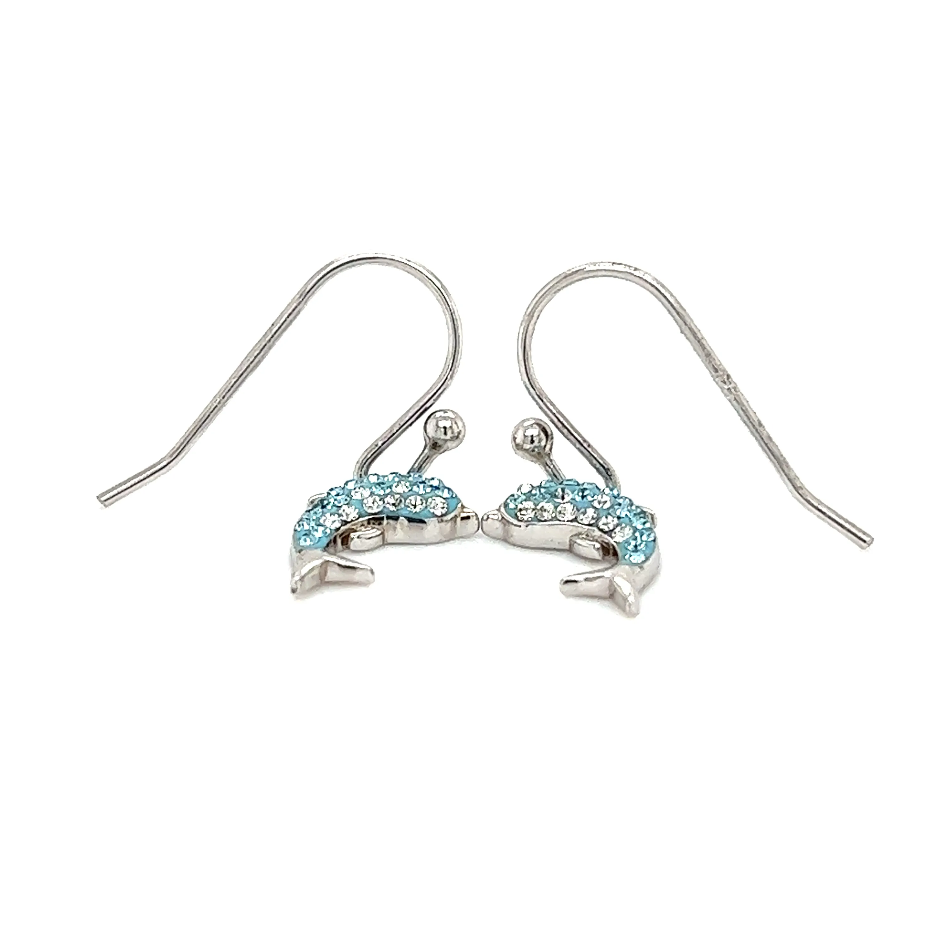 Dolphin Dangle Earrings with Aqua and White Crystals in Sterling Silver
