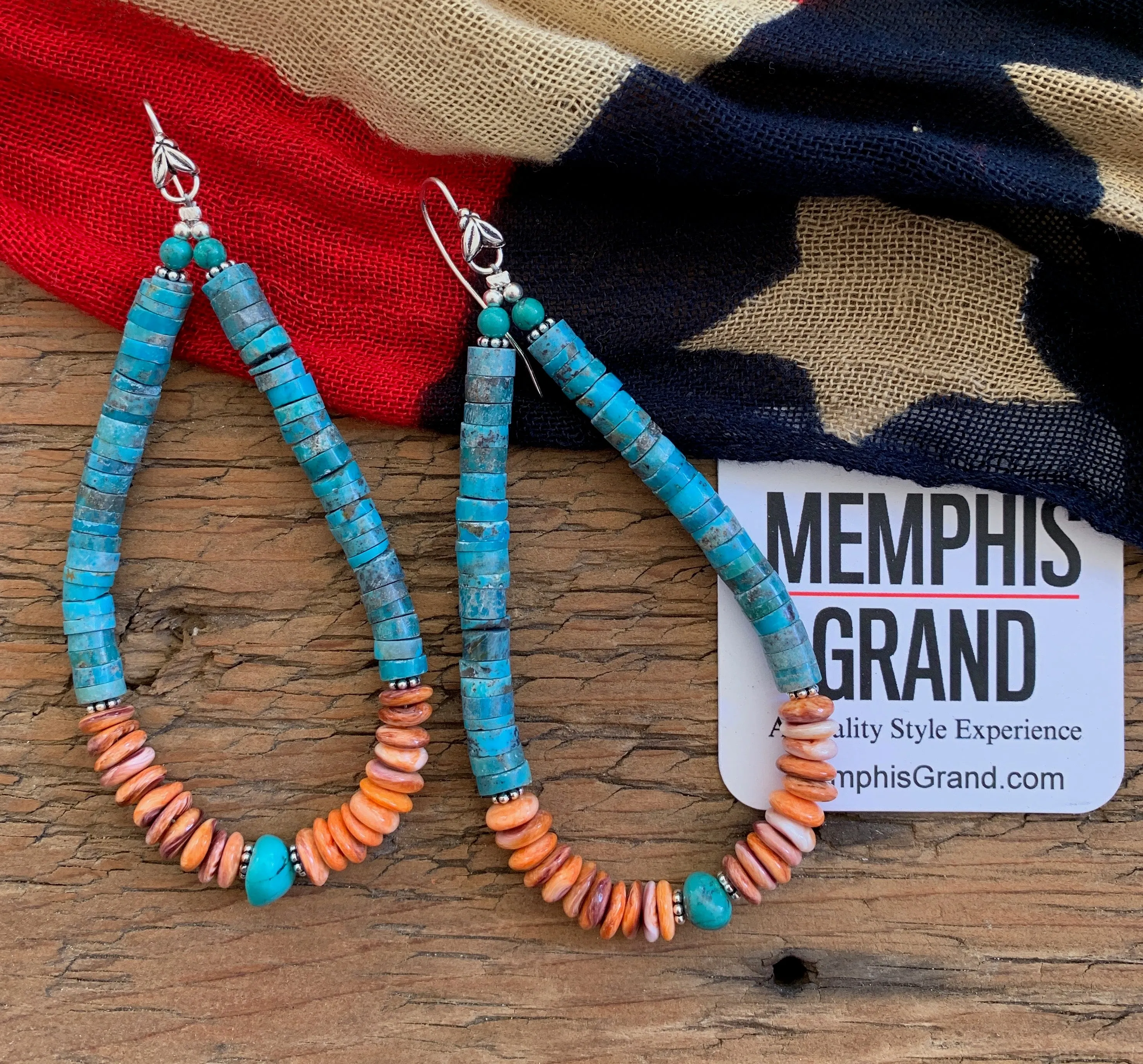 Earrings, Turquoise & Orange Spiny Oyster Heishi Loops, 352E - Sale!
